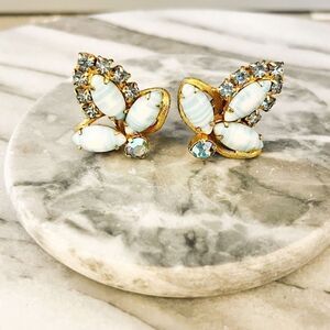 Vintage Clip Earrings Crystal AB Blue Stripe Cabochon Navettes Prong Unsigned